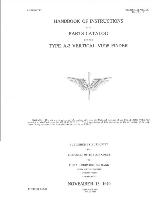 USAF Type A-2 Vertical View Finder Instructions Handbook-Parts Catalog