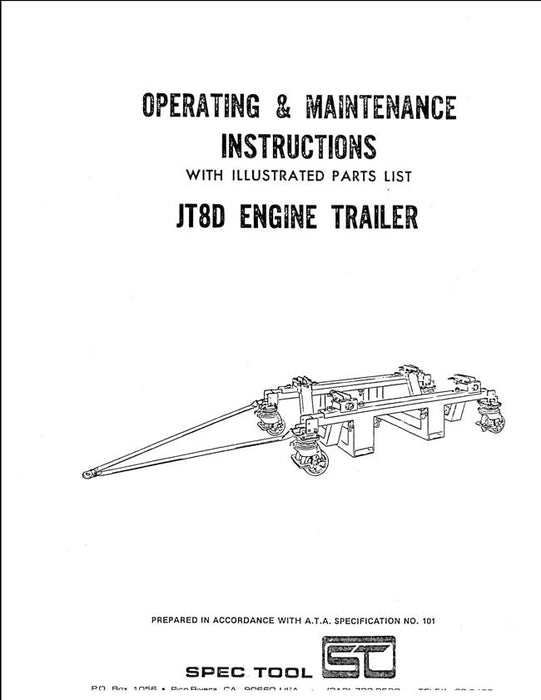Spec Tool JT8D Engine Trailer Operating & Maintenance Instructions Manual with Parts List