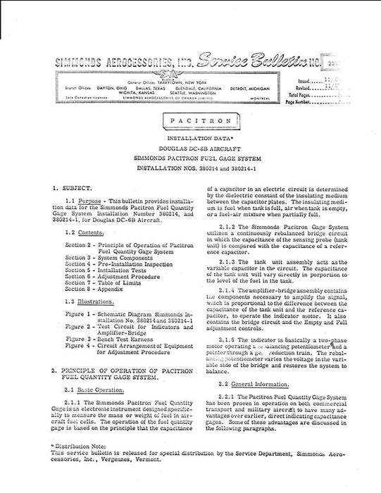 Douglas DC-6B Fuel Quantity Indicating System Service Bulletin No. 223A