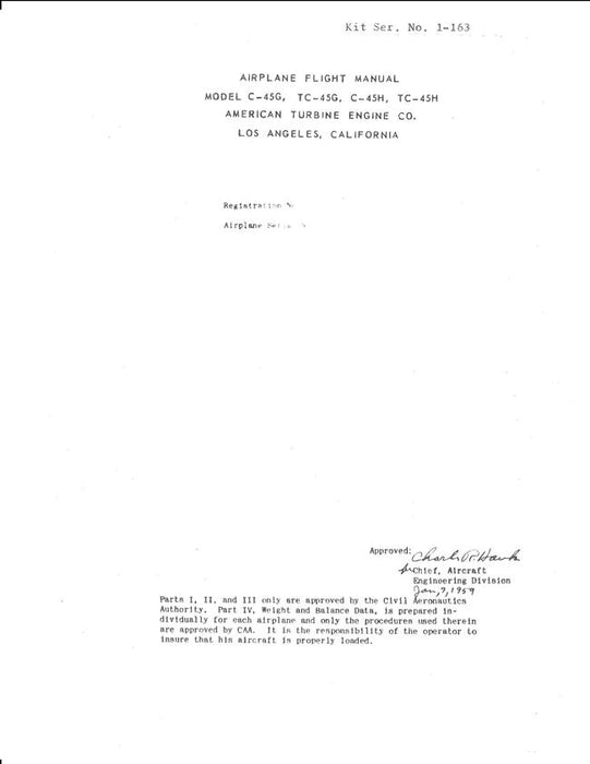 Beech Model C-45G, TC-45G, C-45H, TC-45H Flight Manual