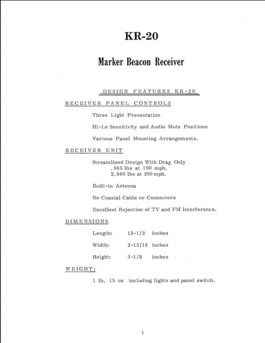 King KR-20 Marker Beacon Receiver Instruction Manual