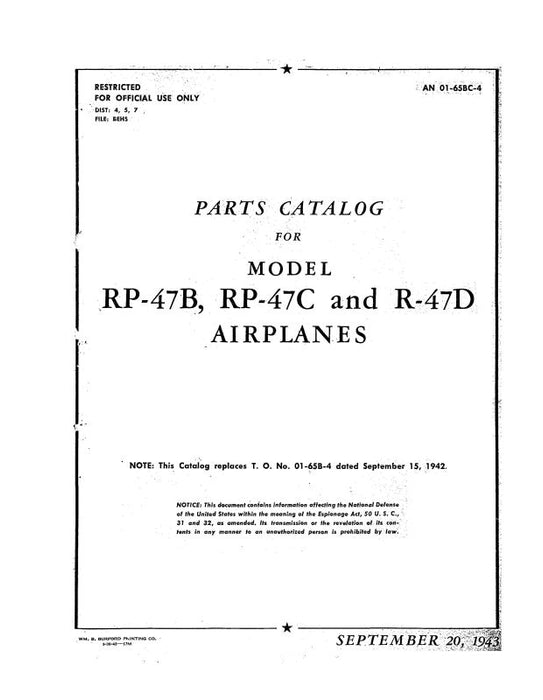 Republic Aviation P-47B,-C & -D 1943 Parts Catalog (01-65BC-4)
