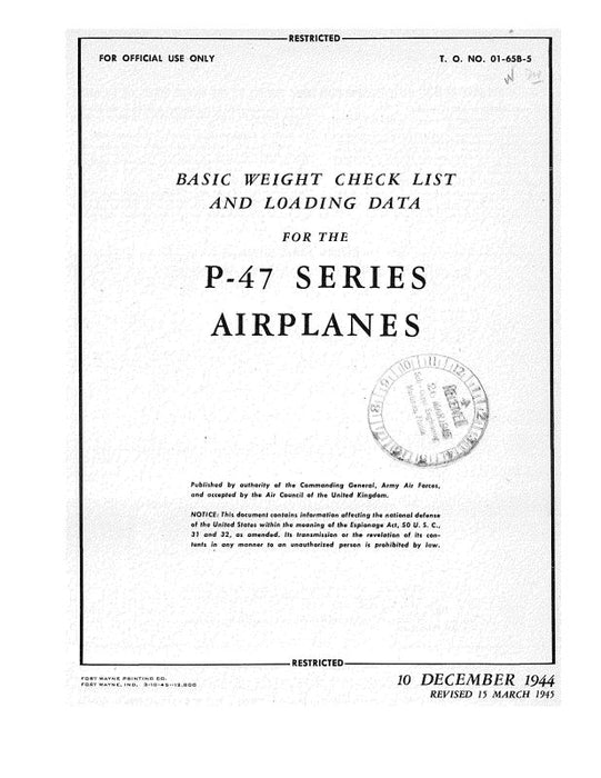 Republic Aviation P-47 1944 Basic Weight Checklist & Loading Data (01-65B-5)
