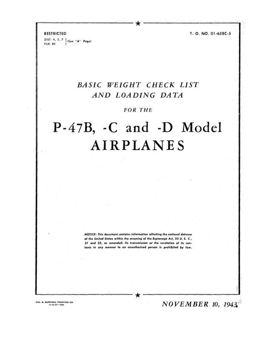 Republic Aviation P-47B,-C & -D 1943 Basic Weight Checklist & Loading Data (01-65BC-5)
