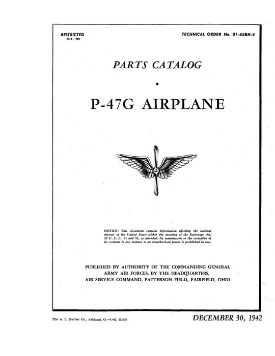 Republic Aviation P-47G 1942 Parts Catalog (01-65BH-4)