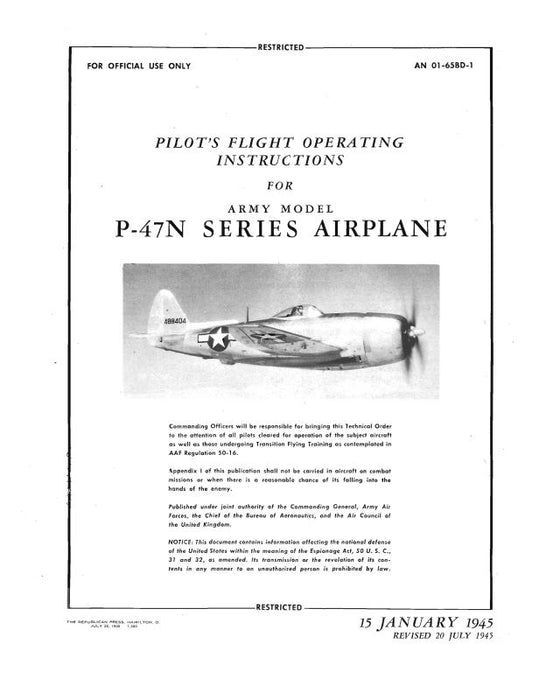 Republic Aviation P-47N Series Thunderbolt 1945 Pilot's Flight Operating Instructions Manual (AN-01-65BD-1)