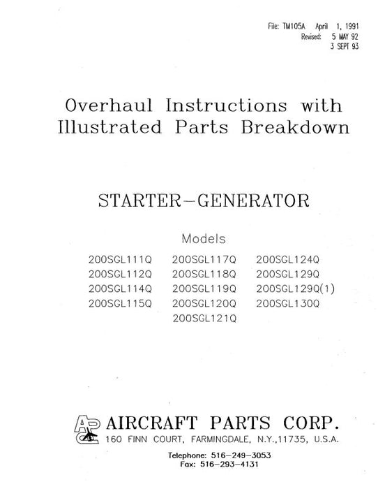 Aircraft Parts Corp. Starter-Generator 1991 Overhaul Instructions with Illustrated Parts (TM105A)